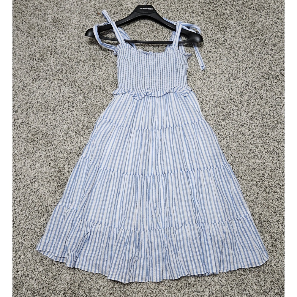 Dress Forum Midi Dress Womens Lg Blue White Stripe Smocked Tiered Seersucker